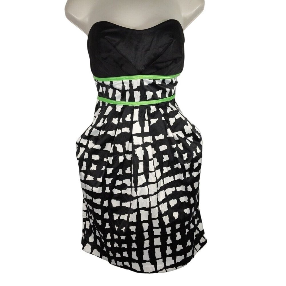 Ruby Rox Strapless Dress Juniors Size 9 Black White Green Pockets Geometric FLAW